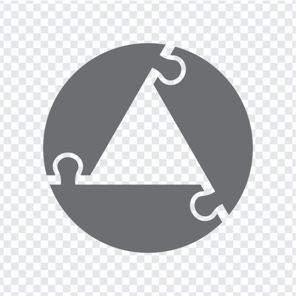 简单的灰色图标谜题。简单的图标圆圈拼图的三个元素和三角形中心在透明背景上为您的网站设计，应用程序，UI。EPS10。图片下载