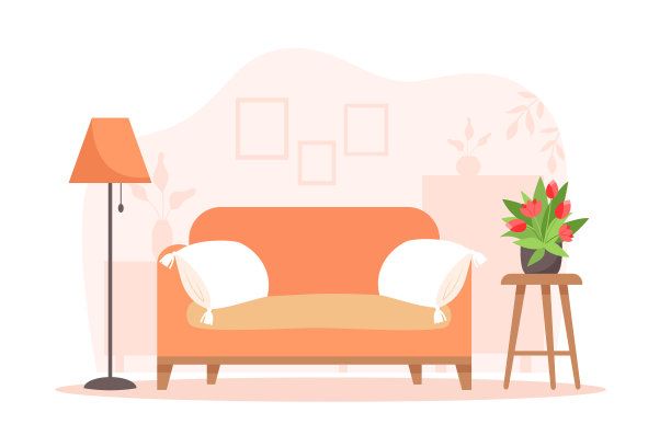 舒适的室内客厅，沙发，灯，桌子和植物图片下载