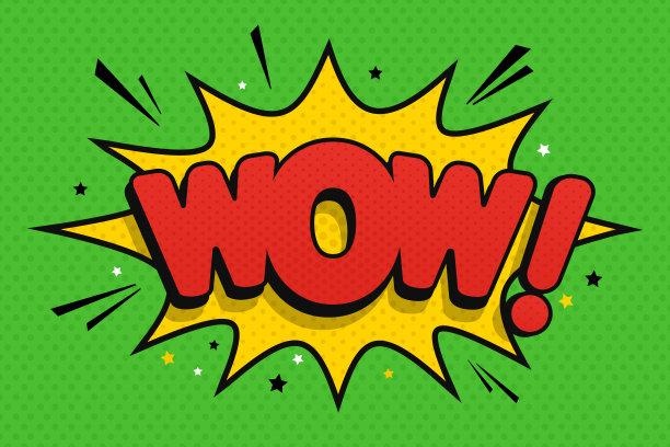 喜剧演讲效果哇。矢量卡通插图在波普艺术风格的绿色背景。图片下载