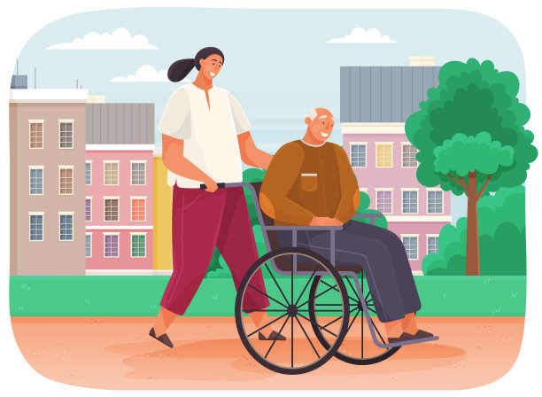 女子用轮椅推着老人。爷爷在城市公园里散步，然后坐在残疾车里图片下载