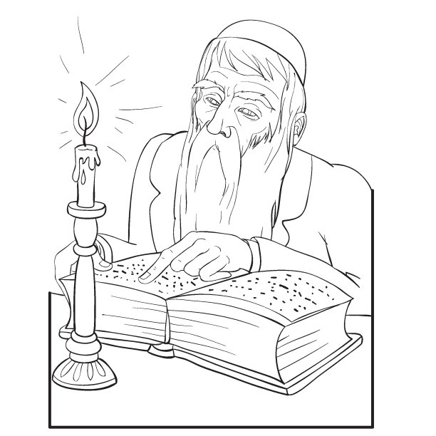 素描，拉比在烛光下看书，涂色书，白色背景上的孤立物体，矢量图，图片下载