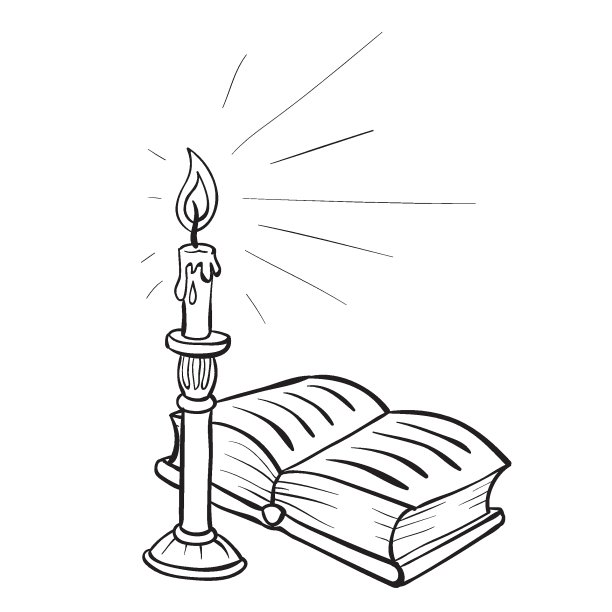 素描，烛台上的蜡烛燃烧着，旁边放着一本打开的书，在白色背景上着色，孤立的物体，矢量插图，图片下载