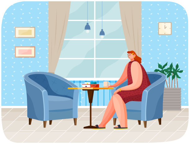 年轻女子坐在家里柔软的扶手椅上，在桌子旁放着一堆书，休息着，喝着咖啡图片下载