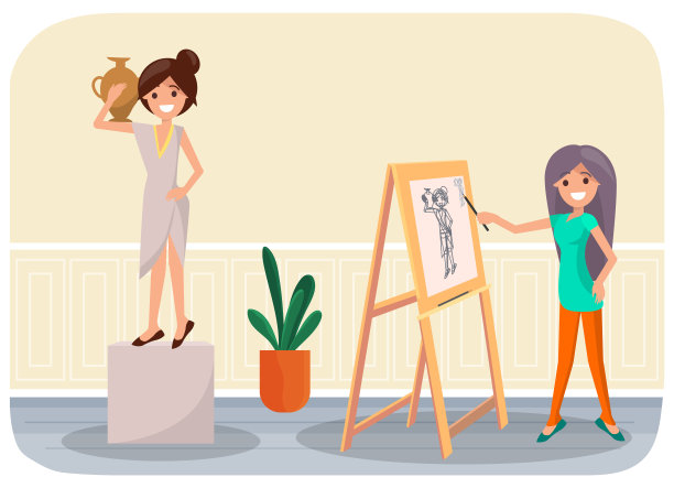 女孩微笑着用铅笔和画架画画。拿着花瓶的女人站在高台上，摆着艺术家的姿势图片下载