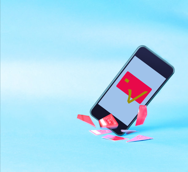 蓝色背景的信用卡手机。网上银行的概念图片下载