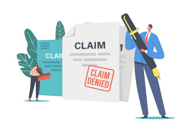 微小的男性和女性角色与巨大的笔和印章盖章拒绝保险索赔证书。保护健康图片下载
