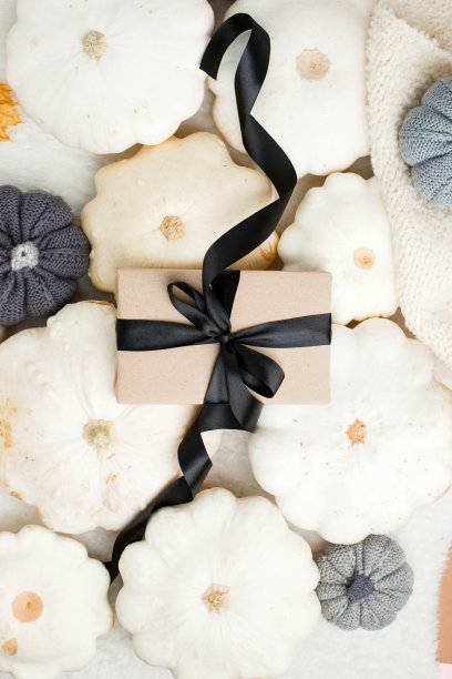 黑白构图与礼品盒和白色南瓜南瓜。感恩节，收获，万圣节，黑色星期五促销，生日概念。平躺，女性化的社交媒体形象图片下载