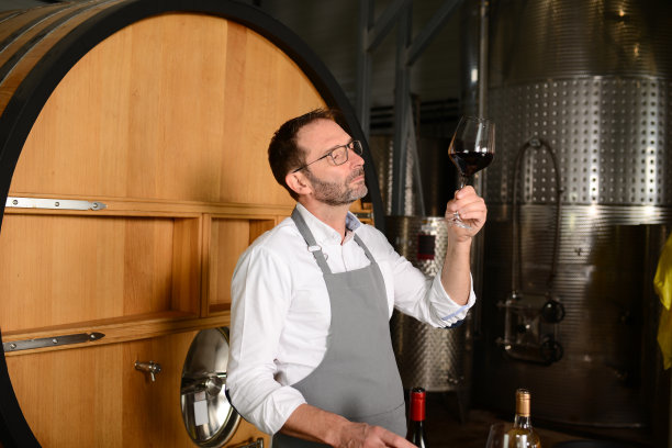 一个成熟男子的肖像，一个在酒窖里用木桶品尝葡萄酒的专家图片下载