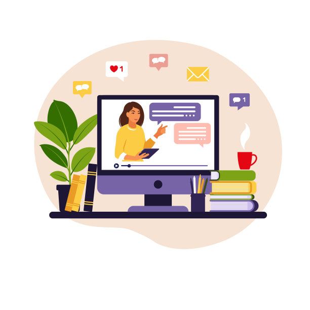 在线学习的概念。老师在黑板上，视频课。在学校进行远程学习。矢量插图。平的风格。图片下载