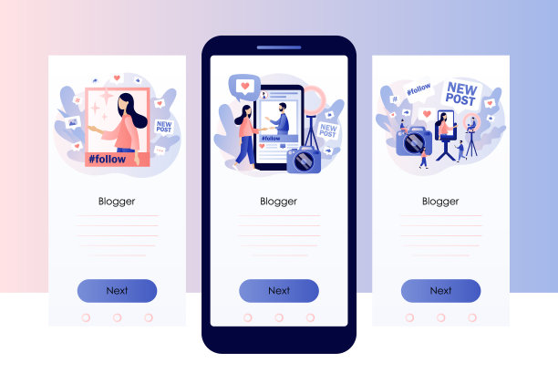 博客的概念。博客创作照片和视频内容，为社交媒体网络写帖子。影响者。多发性骨髓瘤。屏幕模板的移动，智能手机应用程序。现代平面卡通风格。向量图片下载