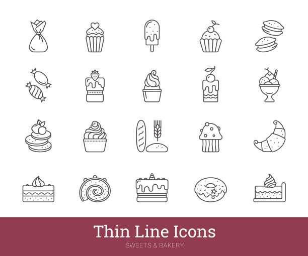面包房，糖果，糕点店细线图标设置孤立的白色背景图片下载