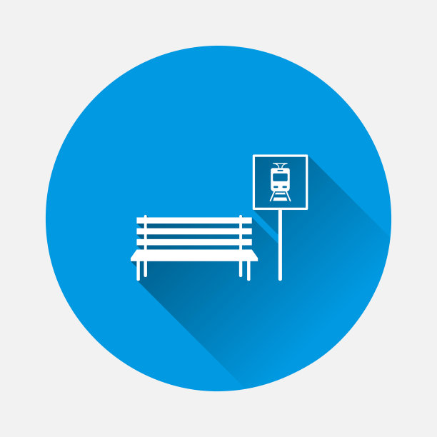 公交车站矢量图标上的蓝色背景。平面图像与长阴影。图片下载