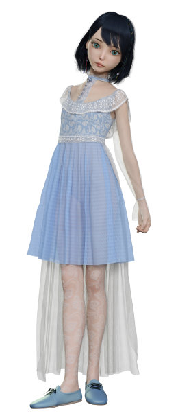 3D插图漂亮的娃娃在蓝色复古连衣裙上白色图片下载