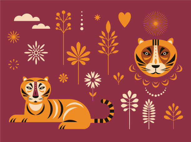 老虎和装饰花卉的设计元素图片下载