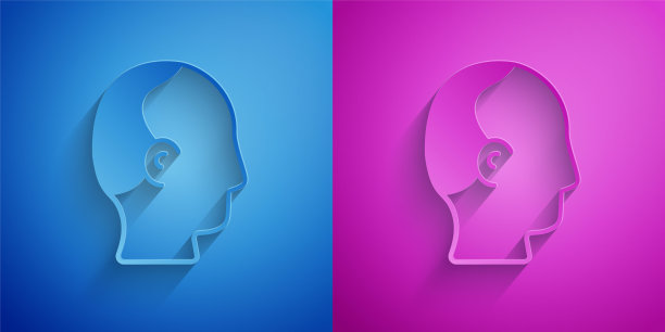 剪纸光头图标孤立在蓝色和紫色的背景。脱发。纸艺术风格。向量图片下载