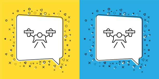 无人机飞行图标隔离在黄色和蓝色的背景上。带有视频和照片相机符号的四轴飞行器。向量图片下载