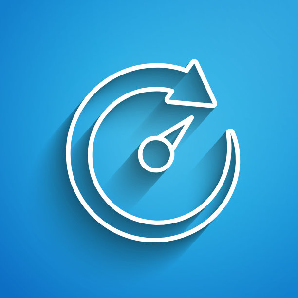 白线数字速度表图标隔离在蓝色背景。全球网络高速连接数据速率技术。长长的阴影。向量图片下载