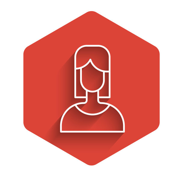 白线女性图标孤立与长阴影背景。金星象征。女性符号女性有机体或女性的符号红色的六角按钮。向量图片下载