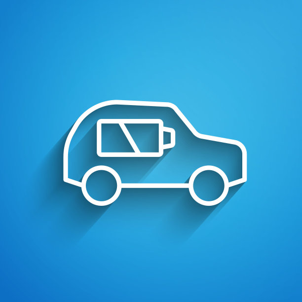 白色线电动汽车和电缆插头充电图标隔离在蓝色背景上。可再生环保技术。长长的阴影。向量图片下载