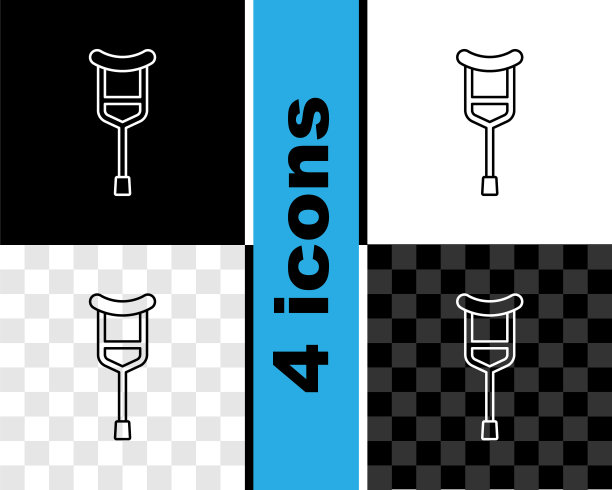 设置线拐杖或拐杖图标孤立的黑色和白色，透明的背景。肌肉骨骼系统疾病患者的康复设备。向量图片下载