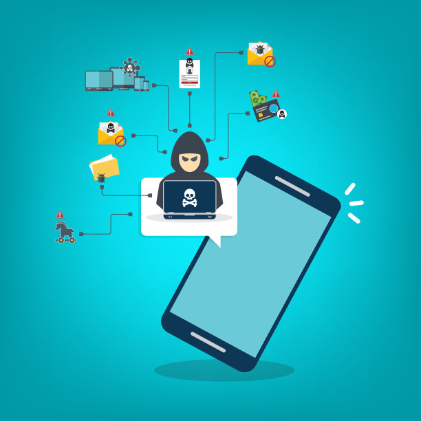 黑客，手机恶意软件通知。智能手机与黑客警报，垃圾邮件数据手机诈骗错误信息，诈骗，病毒。平面向量插图。图片下载