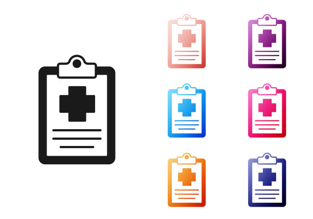 黑色医疗剪贴板，白色背景上孤立有临床记录图标。处方，体检记录报告设置图标丰富多彩。向量图片下载