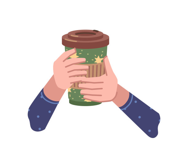 带走咖啡，将热饮倒入纸杯或塑料杯中。单独的手拿着美味的饮料盖，巧克力或卡布奇诺，美式咖啡或浓缩咖啡。矢量在平面卡通风格图片下载