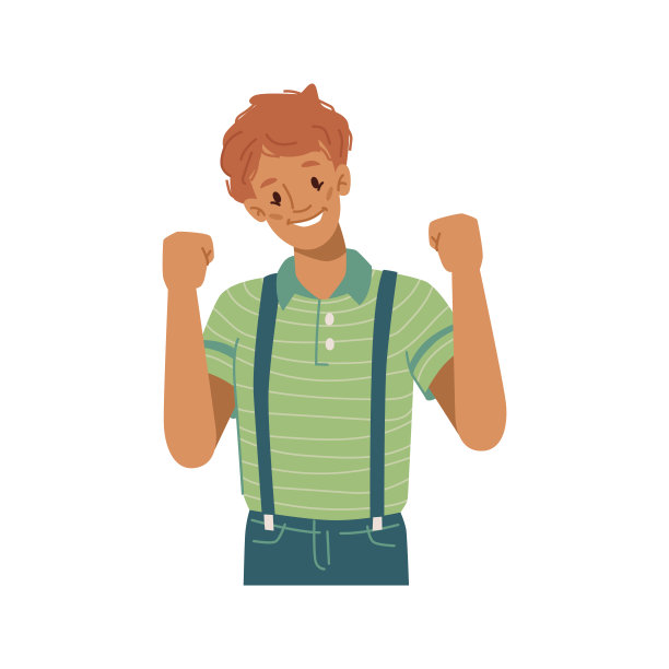 男孩举起拳头，做手势庆祝胜利，孤立的孩子微笑，享受胜利。孩子的兴奋，脸上的表情和姿势都很开心。平面风格卡通人物矢量图片下载