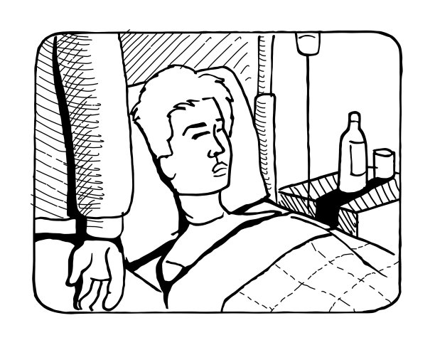 去看一个躺在医院病房床上正在打点滴的男人。水墨笔画素描黑白矢量插图。图片下载