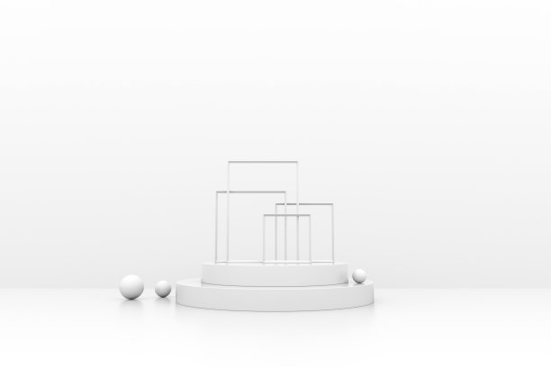 3d渲染工作室与几何形状，讲台在地板上。产品展示平台，模拟背景。简约设计中的抽象构图。图片下载