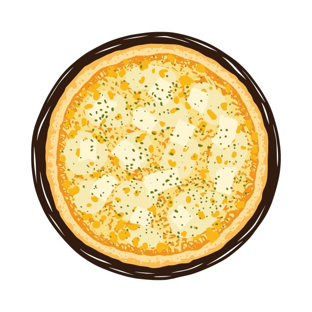 矢量插图手绘四奶酪披萨。美味的意大利白披萨，上面有马苏里拉奶酪，帕尔马干酪，戈尔根左拉干酪，羊奶干酪和牛至。图片下载