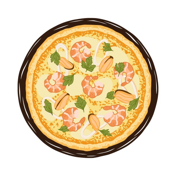 矢量插图手绘海鲜披萨。美味的意大利披萨，上面有马苏里拉奶酪，大虾，鱿鱼，贻贝和欧芹。图片下载