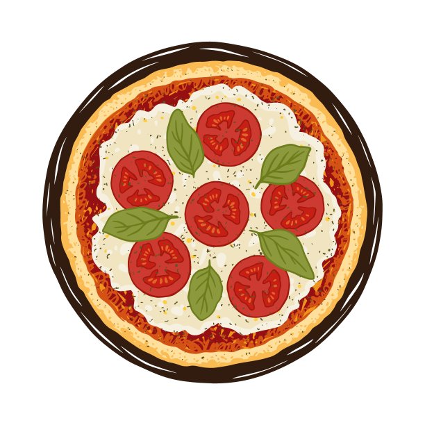 矢量插图手绘玛格丽特披萨。美味的意大利披萨，浇上番茄酱，马苏里拉奶酪，西红柿和罗勒。图片下载
