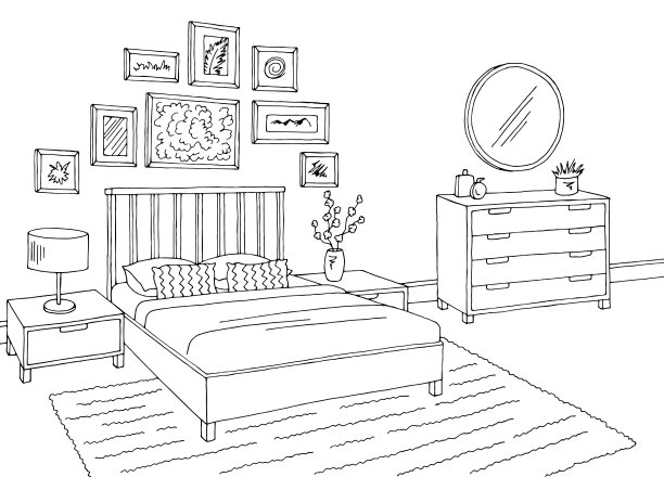 卧室图形黑白色家庭室内素描插图矢量图片下载