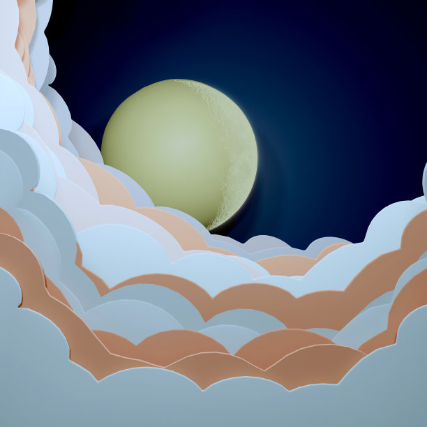 抽象的剪纸夜空条纹云与满月模仿天空景观3d渲染。图片下载