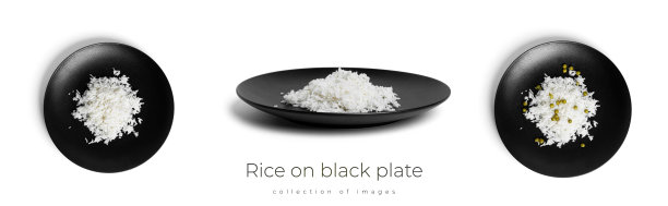 黑色盘子上的米饭孤立在白色背景上图片下载
