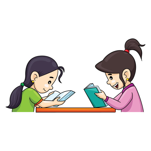 两个卡通女孩面对面在读一本书图片下载