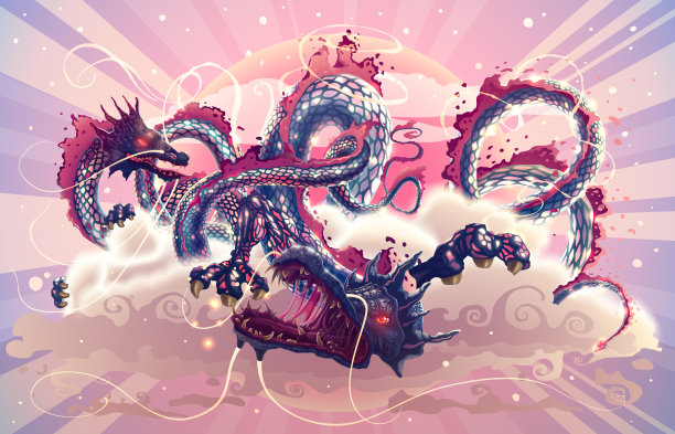 幻想日本龙在魔法天空与云彩在红色的太阳插图，手绘飞行的中国蛇艺术品，数字高度详细的亚洲艺术矢量。图片下载