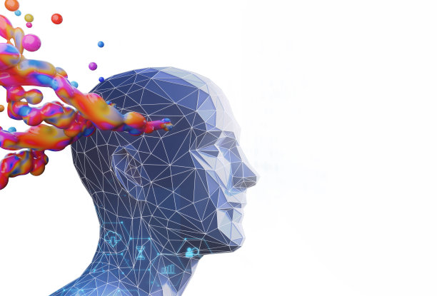 三维插图的网络机器人人和彩色飞溅斑点。图片下载