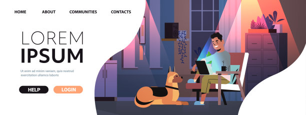 过度劳累的商人自由职业者看着笔记本电脑屏幕，男人和狗在黑暗的夜晚工作在家里的房间图片下载