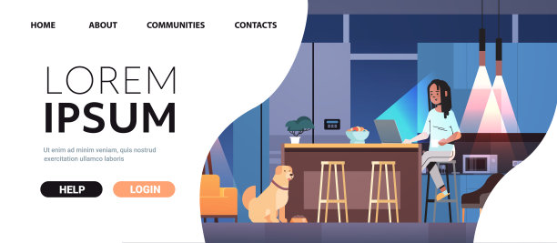 过度劳累的女商人自由职业者看着笔记本电脑屏幕的女人和狗在黑暗的夜晚厨房工作图片下载