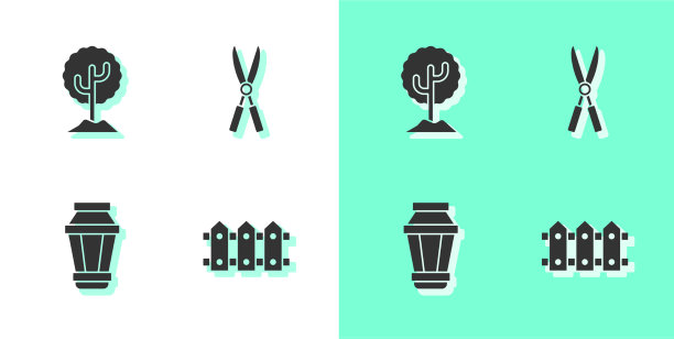 设置花园栅栏，木树灯和灯图片下载