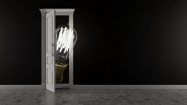 明亮的想法概念与灯泡打开一扇门图片下载