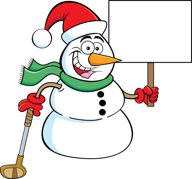 卡通雪人戴着圣诞老人的帽子，手里拿着高尔夫球棒和一个标志。图片下载