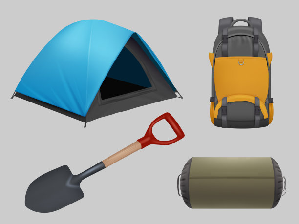 野营的现实。旅行元素吉他帐篷背包篝火像样的矢量插图收集孤立的白色背景图片下载