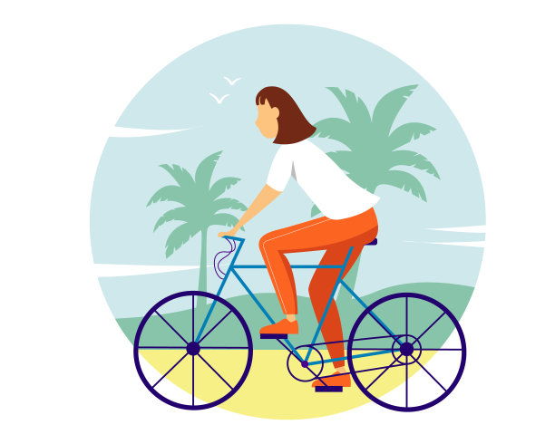 年轻的女孩在海滩上骑自行车。矢量夏季插图孤立在白色背景。图片下载