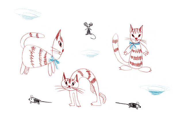 孩子们的涂鸦:一只猫和一只老鼠，彩色铅笔在白色的背景上分开，猫的三种姿势，坐着，弓着背，斜着站着图片下载