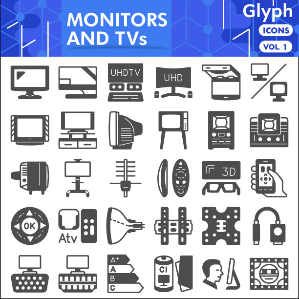显示器和电视线图标设置，电视配件符号收集或草图。网页和应用程序的屏幕象形线线性风格标志。矢量图形孤立在白色背景上图片下载
