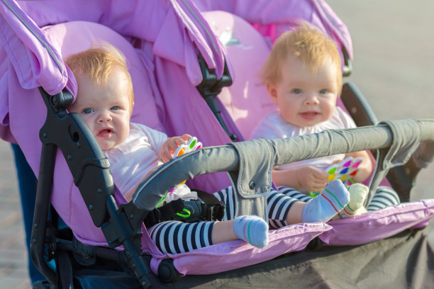 一对双胞胎姐妹并排坐在一辆婴儿车里，手里拿着玩具图片下载