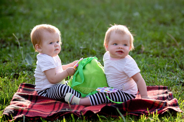 两个双胞胎孩子在公园的毯子上玩一个儿童背包图片下载